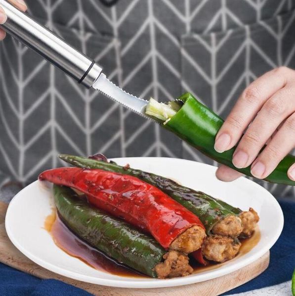 Jalapeno-Pfefferentkerner, Edelstahl-Gemüseschneider, Slicer-Werkzeuge, Paprika-Entkerner, Chili-Samen-Entferner, Entkerner, kreativer Familienbedarf, Küchenhelfer WMQ1219