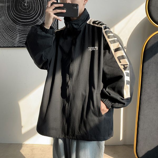

2021 autumn coat men's loose fashion ins casual ruffian handsome stand collar et hip hop student sports top, Black;brown