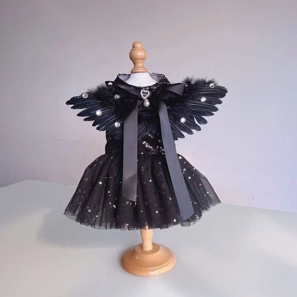 

handmade dog apparel dress pet clothes detachable feather wings tutu shiny sequin skirt cats cosplay costume halloween festival holiday