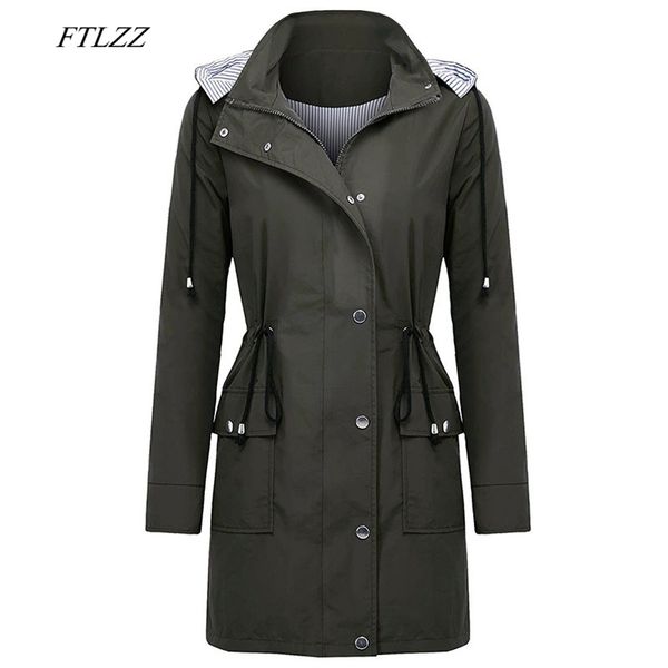 Женские дождевые куртки Открытый водонепроницаемый с капюшоном длинный ветрозащитный с карманным пальто полосатый печать Slim Tick UP пальто 210430