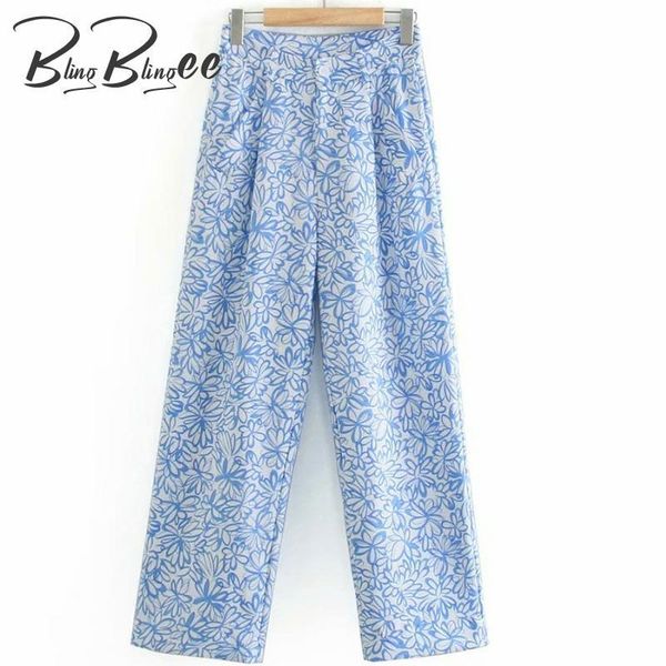 

women's pants & capris blingblingee summer autumn fashion printed folds detail mid-waist women casual loose straight pant 2021 female b, Black;white