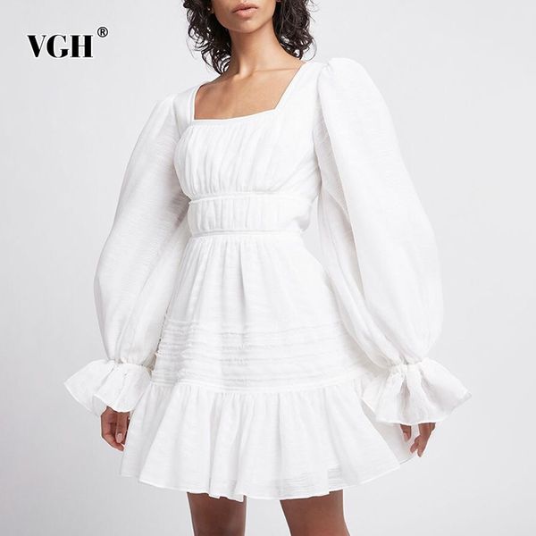 

vgh white sweet dress for women square collar lantern long sleeve high waist casual a line mini dresses female summer style 210421, Black;gray