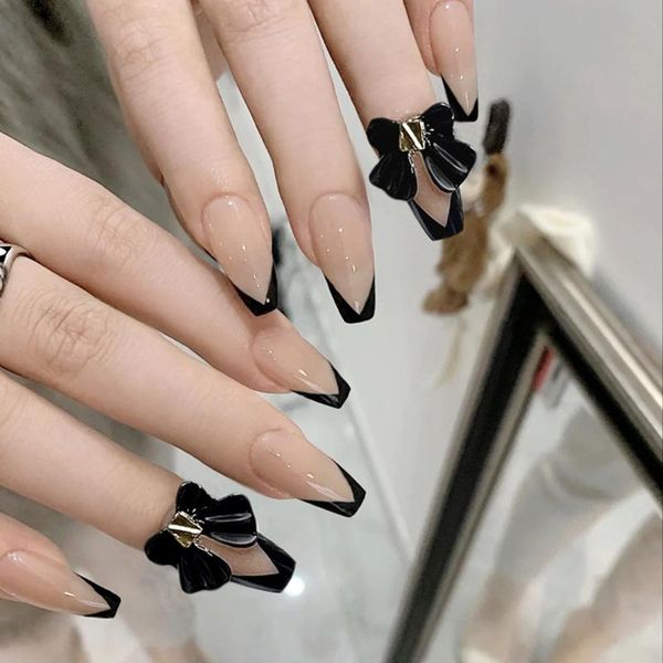 

false nails 24pcs press on coffin jelly long nail piece with bow decor adhesive manicure patch save time ty, Red;gold