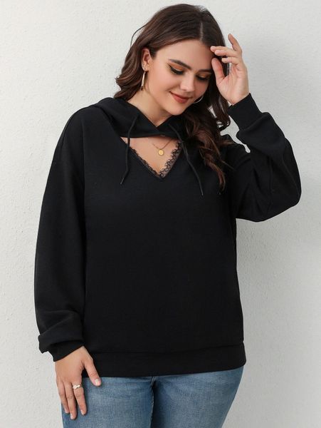 

plus cut out eyelash lace trim drop shoulder drawstring hoodie 59yx#, Black