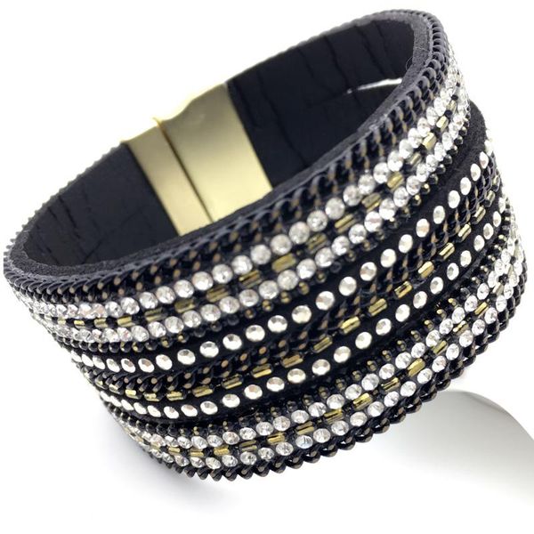 

tennis lemoer trendy fashion luxury sparkling crystal leather bracelets bangles with wide magnetic wristband bileklik jewelry for women, Golden;silver