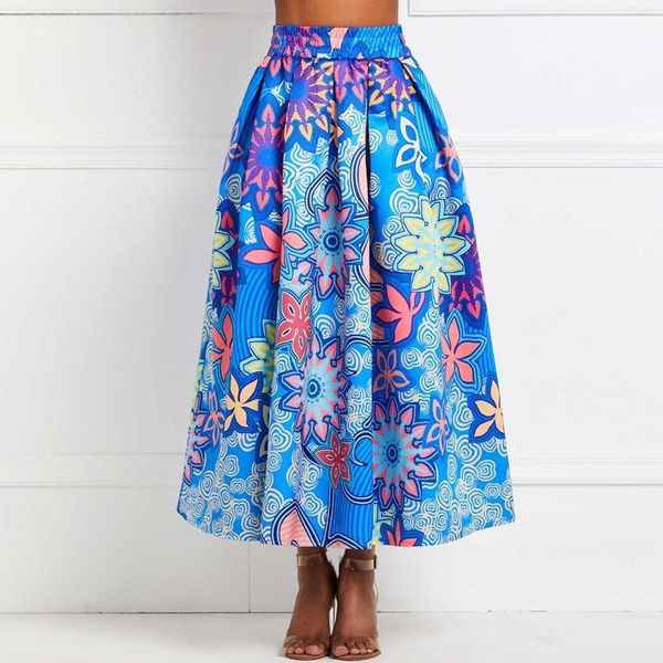 

skirts women floral pleated maxi skirt high waist big swing blue elegant summer african fashion print ladies street casual long, Black