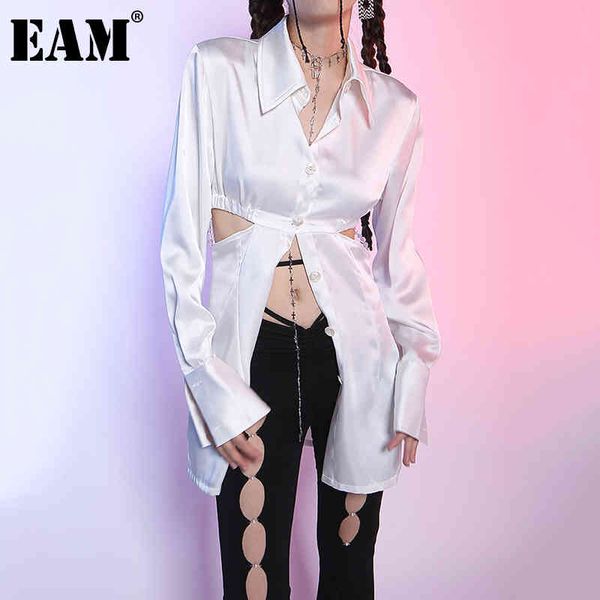 

[eam] women white hollow out long pearl chain blouse lapel long sleeve loose fit shirt fashion spring summer 1dd8454 21512