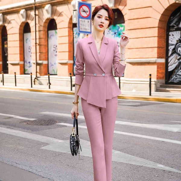 

pant elegant female winter pink yellow business wear unique green suit asymmetric breasted blazer and pants, White