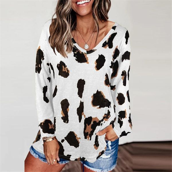 

leopard v neck woman tshirts long sleeve loose women casual soft tee shirts female women's t-shirt, White