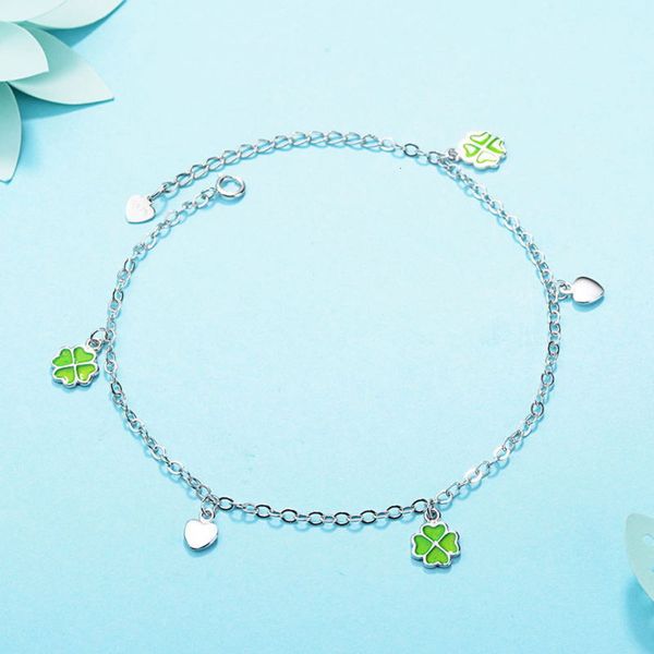 

pure silver jewelry four leaf clover heart-shaped accessories simple fashion fresh summer student gift creative anklet, Red;blue