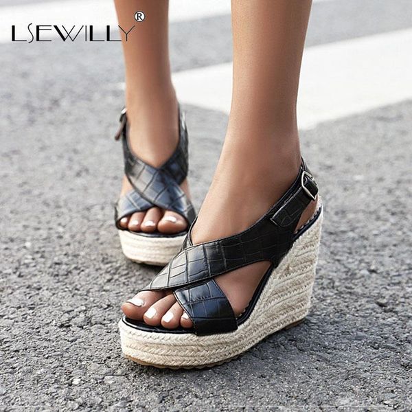 

lsewilly 2021 plus size 34-43 women sandals stone pattern wedges shoes buckle simple summer casual ladies platform, Black