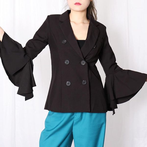 

casual double breasted coat for women notched flare sleeve tunic black jacket female fashion clothing 2021 outerwear women's jackets, Black;brown