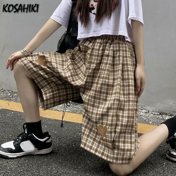 

women's shorts kosahiki harajuku heart embroidery womens summer plaid elastic waist casual chic loose korean style preppy wide leg shor, White;black