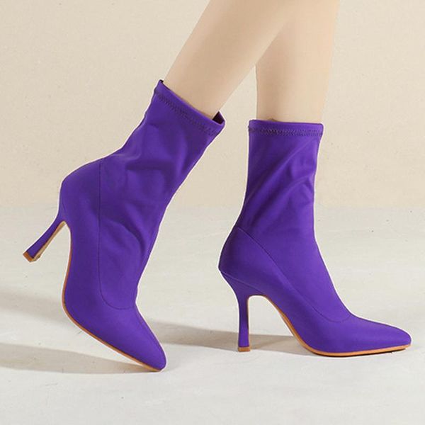 

boots women's winter thin high heel solid pointed toe slip-on ladies ankle boot fashion female socks woman pumps, Black
