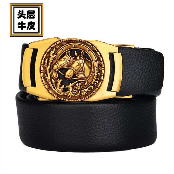 

high grade scratch resistant and wear-resistant automatic for men's style bronze horse head buckle leather belt, Black;brown
