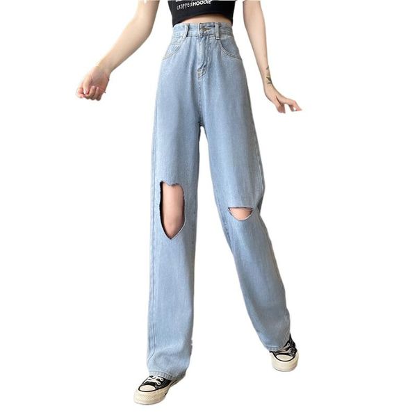 

women's jeans 2021 spring/summer girl wide leg knee hole love high waist pants eating trend straight daddy woman, Blue