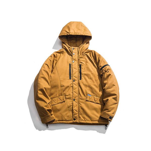 Inverno Uomo Parka Cappotto Cotone Caldo Cappotto spesso Stile giapponese Moda Casual Parka Basic Antivento Giacche con cappuccio Giallo Alta qualità 210603