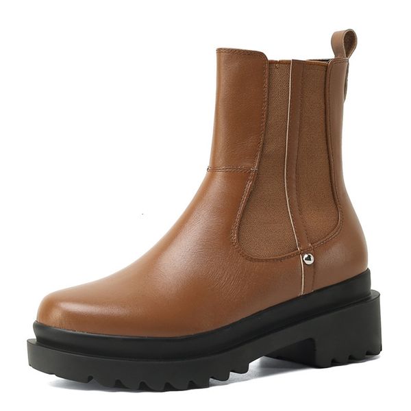 

boot genuine leather elastic thick stretch lower sliding on boots, Black