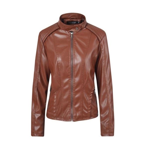 

women's jackets leather jacket small stature stand collar zipper black faux slim style autumn female outwear, Black;brown