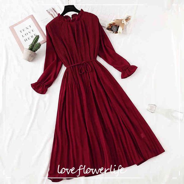 

women autumn chiffon dress long sleeve vintage solid lotus leaf neck pleated dress long robe women casual dresses 210521, Black;gray