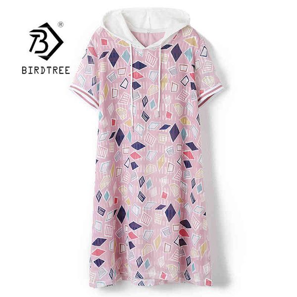 

plus size hooded geometry printing women chiffon spring summer short sleeve ladies loose medium long tshirt dress d12801x 210416, Black;gray