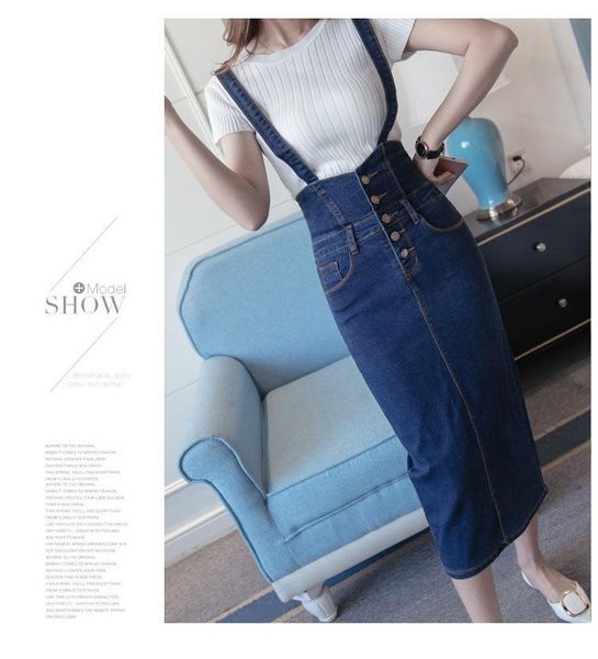 

high waist women long denim skirt with straps ladies button plus size s-5xl jeans pencil #o skirts, Black