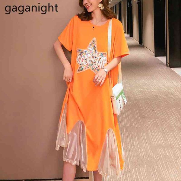 Gaganight Casual Solta Mulheres Patchwork Lantejoulas Gaze Long Dress O-pescoço de Manga Curta Primavera Verão Algodão Tshirt Vestido Plus Tamanho 210519