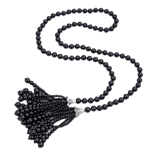 

guaiguai jewelry natural black onyx tassel pendant long necklace coat chain sweater chain handmade for women real gems stone lady fashion je, Silver