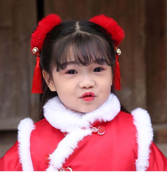 

hair accessories chinese style year tassel furry rope elastic bands kids ponytail holder tie girl festive birthday gift, Slivery;white