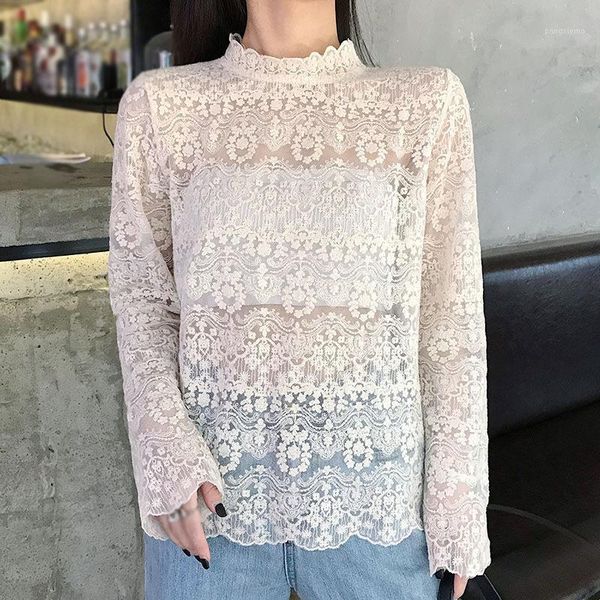 

women's t-shirt half high neck embroidered flower exquisite lace shirt super fairy hollow out bottoming, White