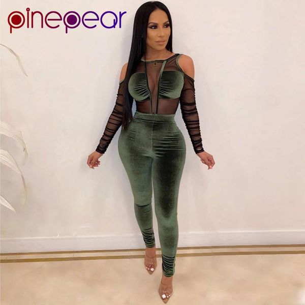 

women's jumpsuits & rompers pinepear fashion patchwork mesh velour jumpsuit 2021 winter women hollow out see through club velvet romper, Black;white