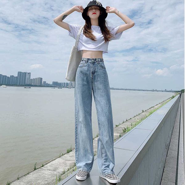 

waist wide high leg pants 2021 light color jeans women's summer loose drape straight mop pants, Blue