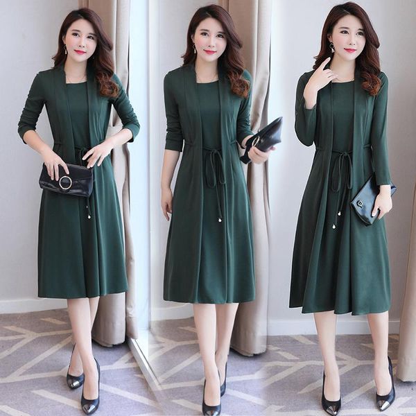 

casual dresses women plus size spring fake two pieces dress fashion middle aged female slim medium length bottom, Black;gray