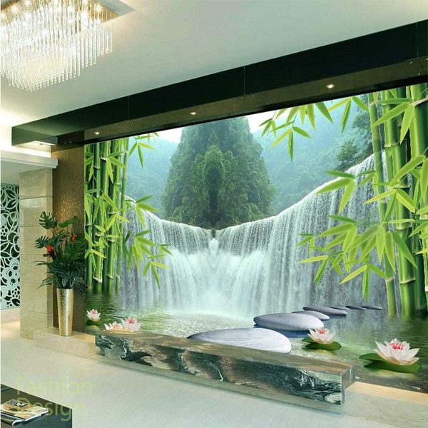 

wallpapers customized mural large 3d chinese style landscape with waterfall bamboo forest behind sofa as background in room