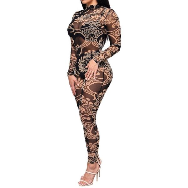 

women's jumpsuits & rompers 2021 summer female playsuits perspectives o-neck playsuit women long sleeve mesh digital print club party j, Black;white