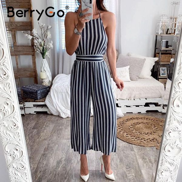 

women's jumpsuits & rompers berrygo casual elegant bohemian striped women jumpsuit romper lace up backless female chiffon summer ladies, Black;white