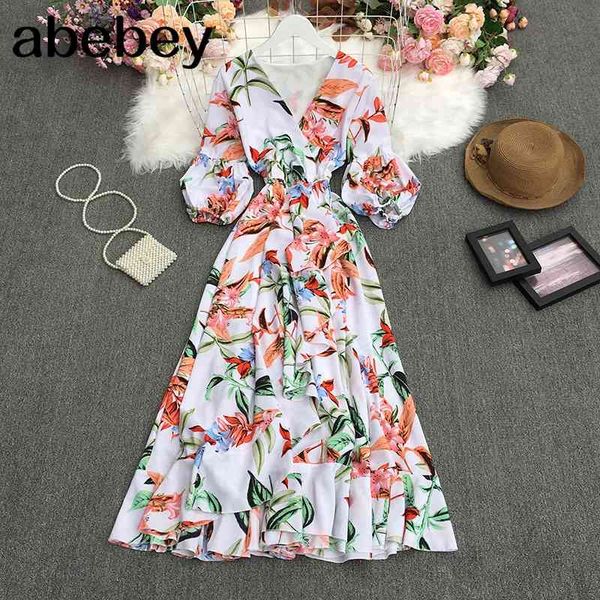 

spring women fashion all-match v-neck lantern sleeve dress waist slim print medium length 210512, Black;gray
