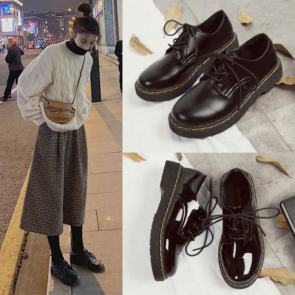 

woman leather shoes lace up platform thick heels footwear loafers zapatos mujer plus size 35-43 dress, Black