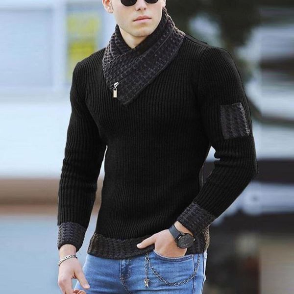 

men's sweaters winter sweater men long sleeve scarf collar soft color block casual slim knit pullover harajuku, White;black