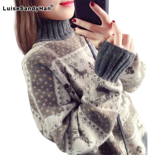 

christmas deer loose sweater female 2021 autumn and winter striped long-sleeved thick warm jacquard sweater, White;black