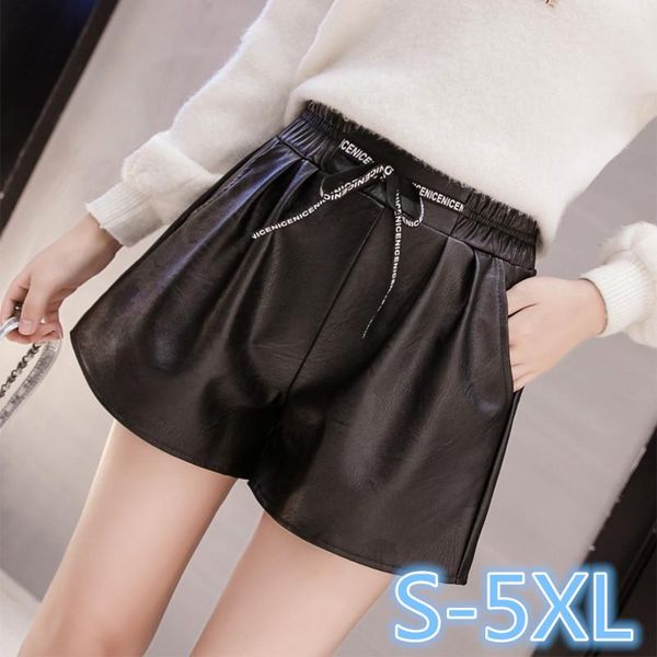 

women's shorts s-5xl plus size 2021 pu leather women black short with pocket loose casual elastic waist womens (74038), White;black