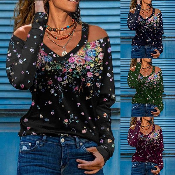 

women's t-shirt women's autumn and winter large size v-neck hollow strapless ladies print long-sleeved pullover, White