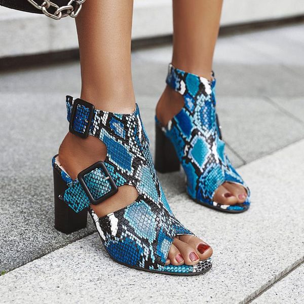 

sandals women snake grain high heel shoes buckle strap thick heels 2021 summer ladies tacon serpiente mujer, Black