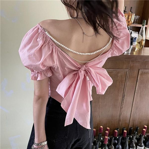 

women's blouses & shirts hzirip solid color puff sleeve pearl bow french one-line neck elegant summer 2021 ladies chic fashion all-matc, White