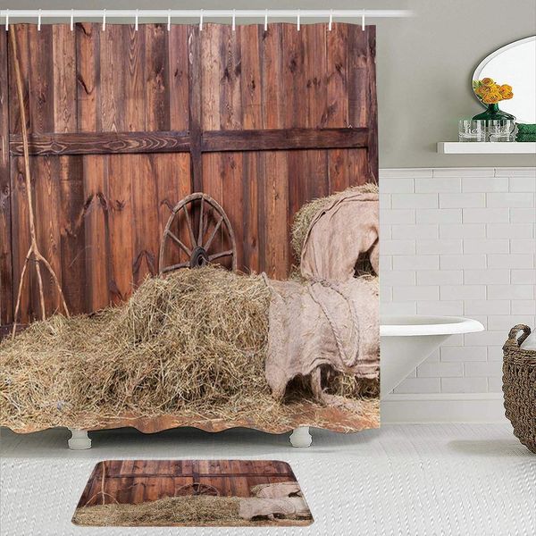 

shower curtain and bath mat set,rustic hay bale wood western barn background cowboy theme rural life,72x72in waterproof bathroom