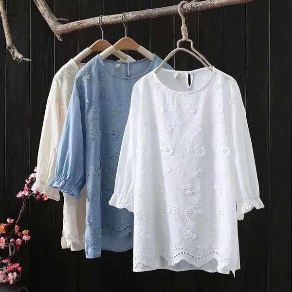 

women's t-shirt mori girl 2021 spring summer autumn floral embroidery cute o neck loose casual cotton t shirt, White