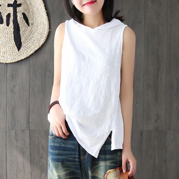 

soft comfortable cute sleeveless irregular hooded bamboo cotton vest t shirt casual white women tshirt women's t-shirt