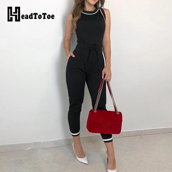 

contrast binding tie waist casual jumpsuit women rompers sleeveless summer one piece overall, Black;white