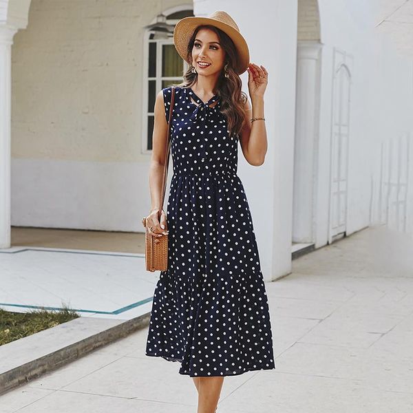 

casual dresses summer long dress for women slim dot print a line 2021 elegant maxi female bow collar sleeveless high waist vestidos, Black;gray