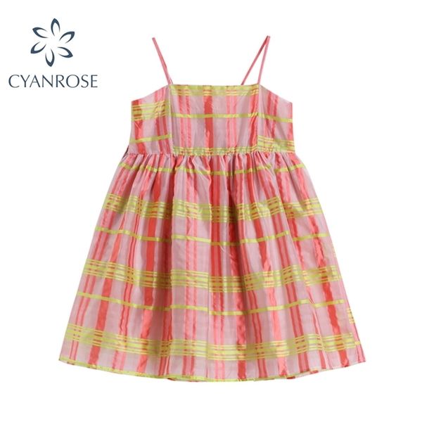 

vintage korean spaghetti strap dress women summer fashion pink plaid sleeveless backless high waist female dresses 210515, Black;gray